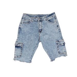 Women High Waist Denim Cargo Shorts Light Wash Frayed Hem mid Length Size L